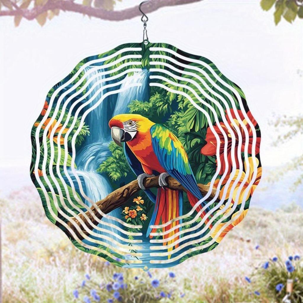 2D Tropical Rainforest & Parrot Wind Spinner – Vibrant Metal Garden Art, Whirling Outdoor Decor with Rotating Chime for Yard