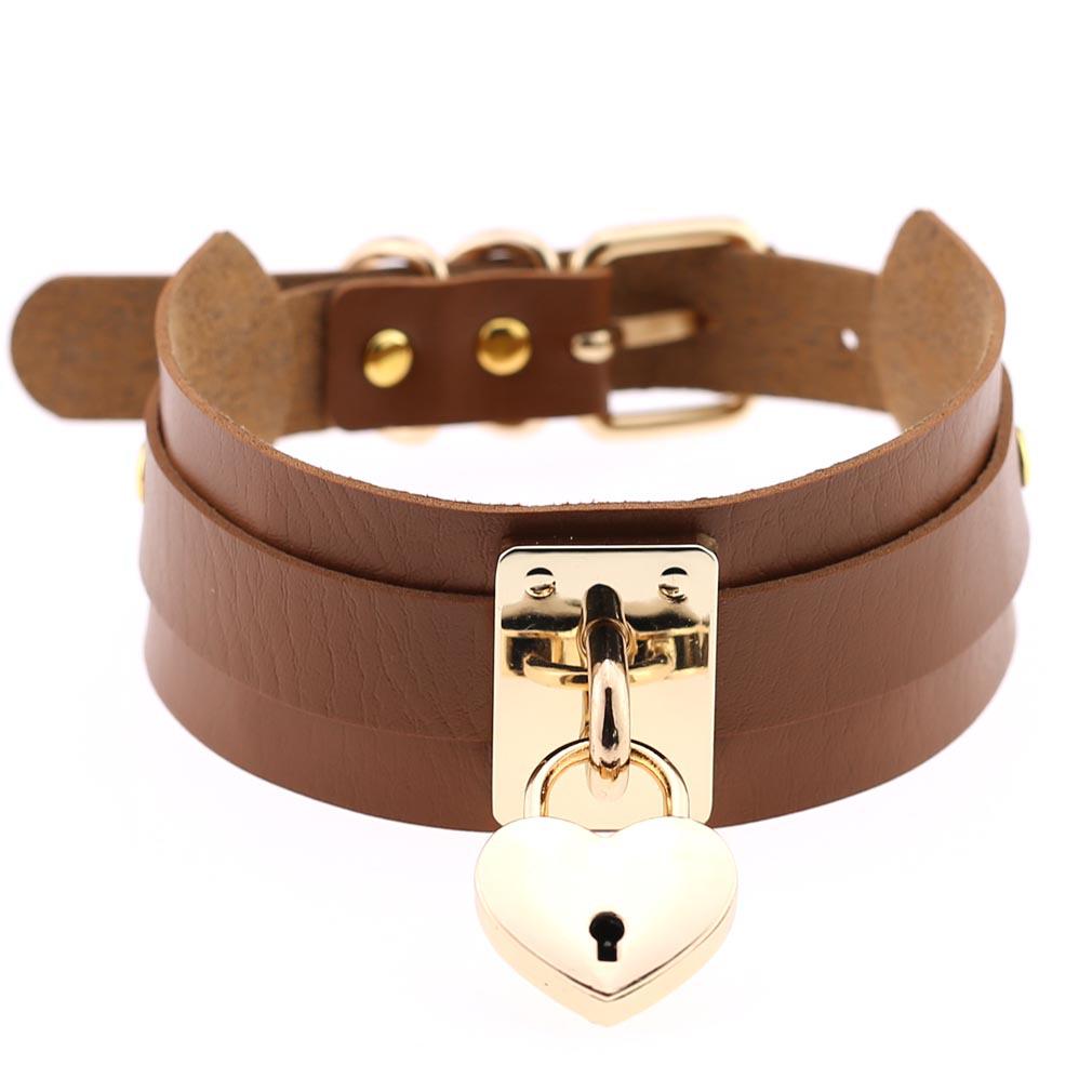 Exaggerated European-American Style PU Leather Double-Layer Heart Lock Necklace Collar