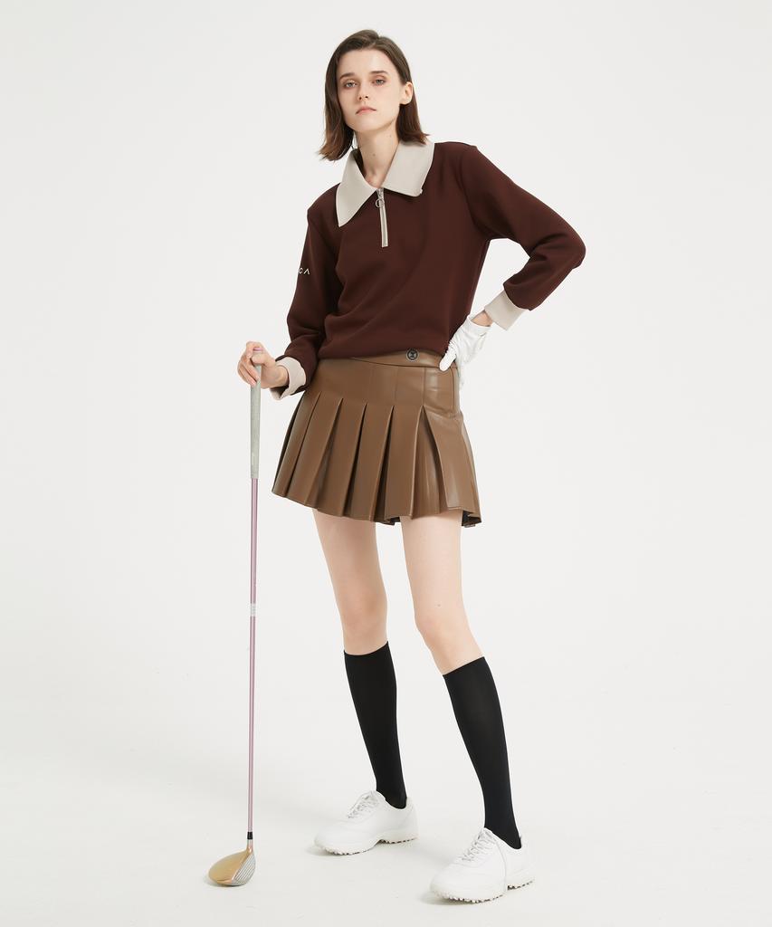 I Parka Castano Leather Pleated Skirt