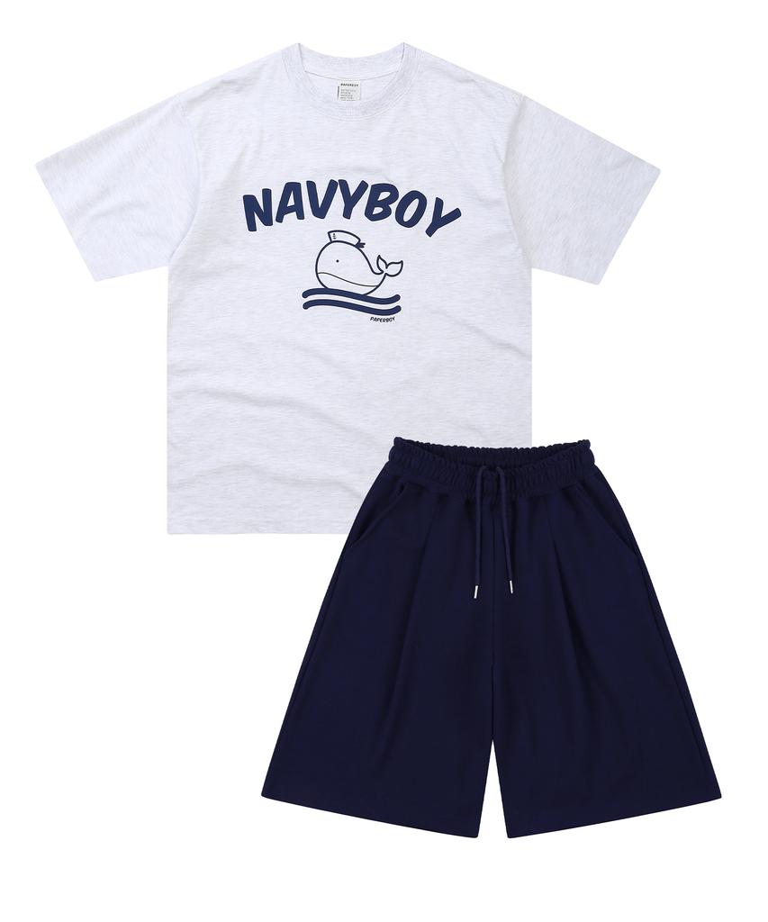 PAPERBOY [Set] Navy Boy Short Sleeve Half Pants Set-White