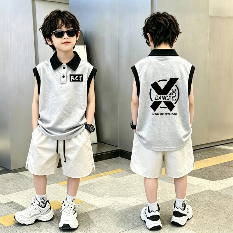 New Korean Boys' Loose Vest Set: Summer Color Block Polo Shirt with Lapel - Medium & Large