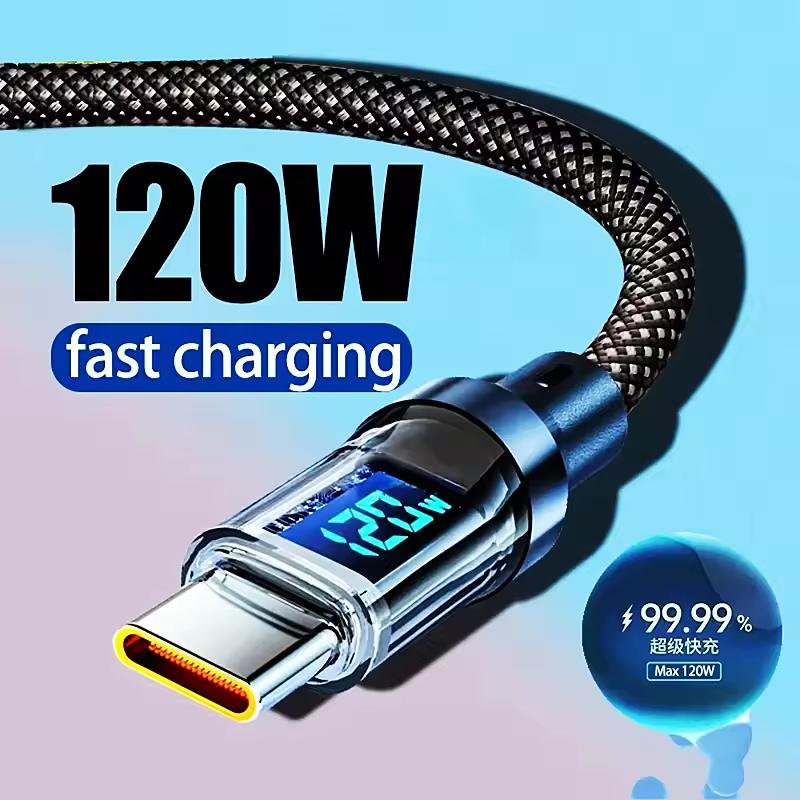 120W USB to Type C Data Cable LED Display 100W Dual USB C Fast Charging Data Cord 1/1.5/2M Portable PD Fast Charge Line For Home