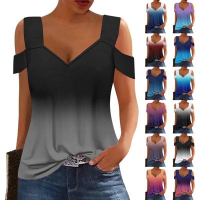 Women's Casual Tops Strapless Short Sleeve V-Neck T-Shirt Printed Tops