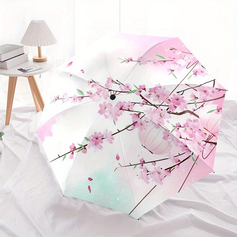 Cherry Blossom Lanterns Automatic Folding Umbrella 8 Ribs, Durable Iron Frame, Bright Color Pattern Compact Travel Umbrella, Suitable for O