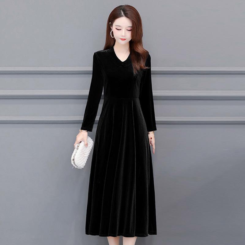 Samt Vintage Damen Maxi Kleid OL Stil Übergröße Rundhalsausschnitt Lange Ärmel Abendkleid Slim Fit Plissiertes Bodycon Ballkleid