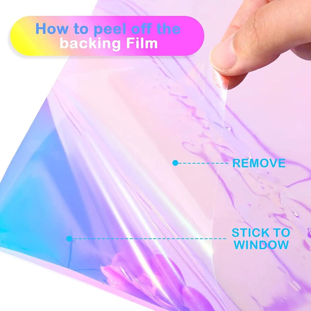 Folie holografică transparentă pentru ferestre, folie dicroică iridescentă pentru ferestre, autocolant decorativ pentru sticlă, rolă de celofan iridescentă autoadezivă