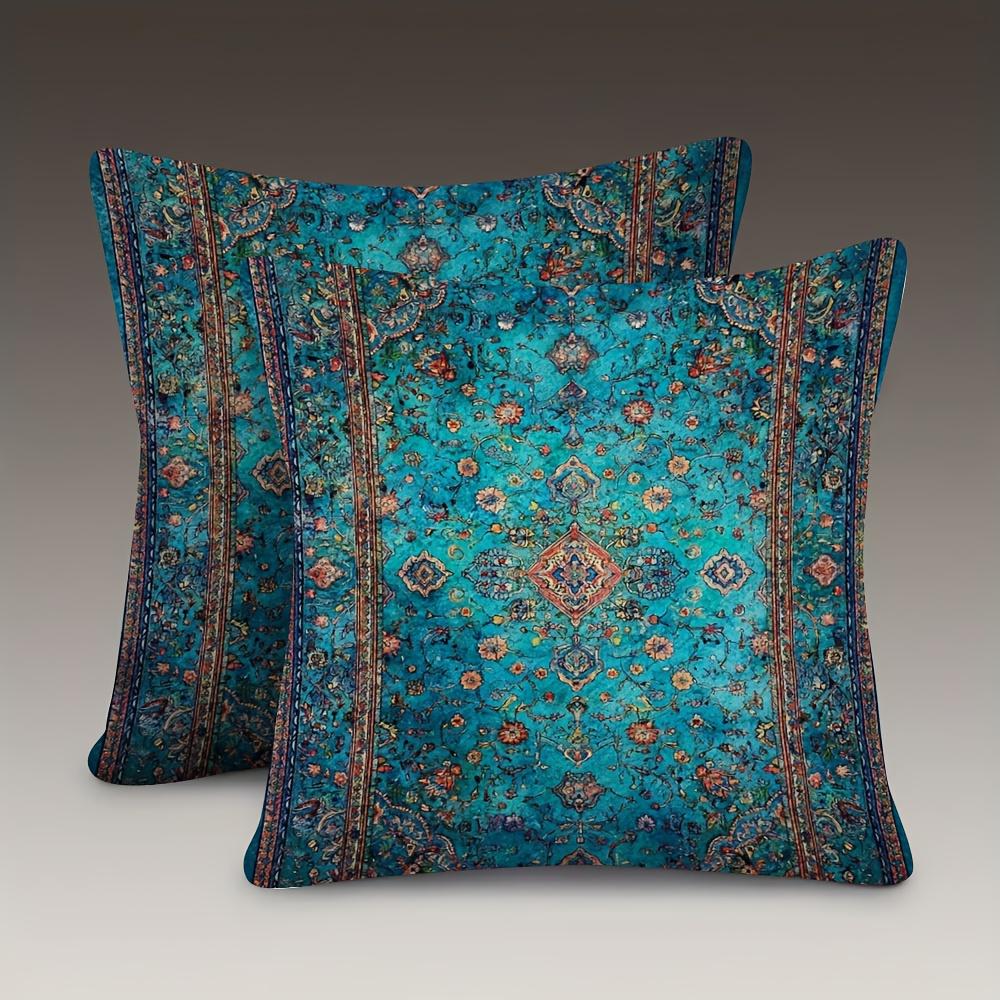 1Pc Vintage Persian Rug Print Pillow Cover, 2D Double-Sided Polyester Cushion Case, Teal Boho Decor, Gift For Bohemian & Antique