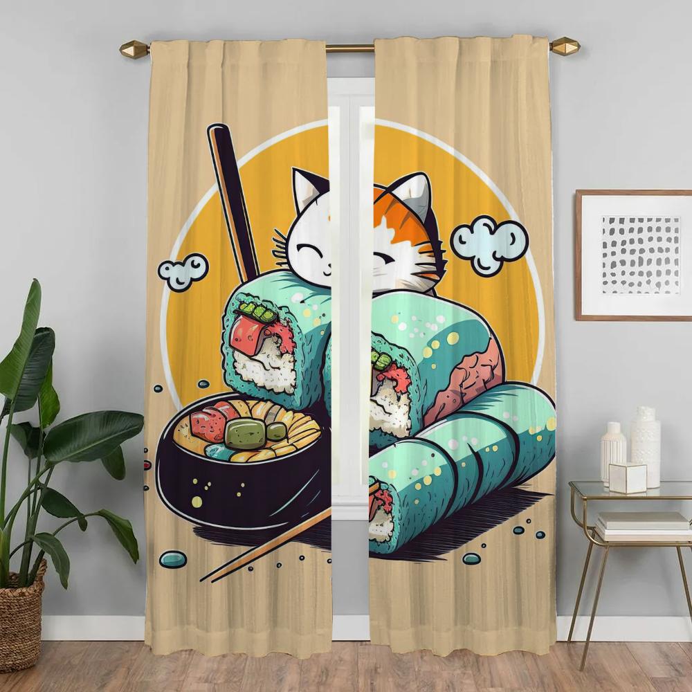 Sushi Katze Elegante Raumvorhänge für Kamera-Blenden Mückenschutzvorhänge 2 Stück Halloween Dekoration Fenstervorhang Raumteiler