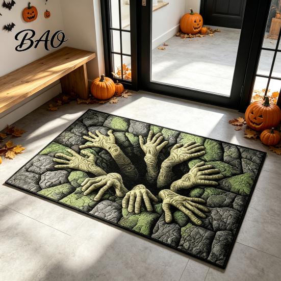 3D Optical Illusion Rug Skeleton Halloween Rug, Spooky Entrance Depth Soft Crystal Velvet Carpet Pattern Non-Slip Floor Mat for Living Room