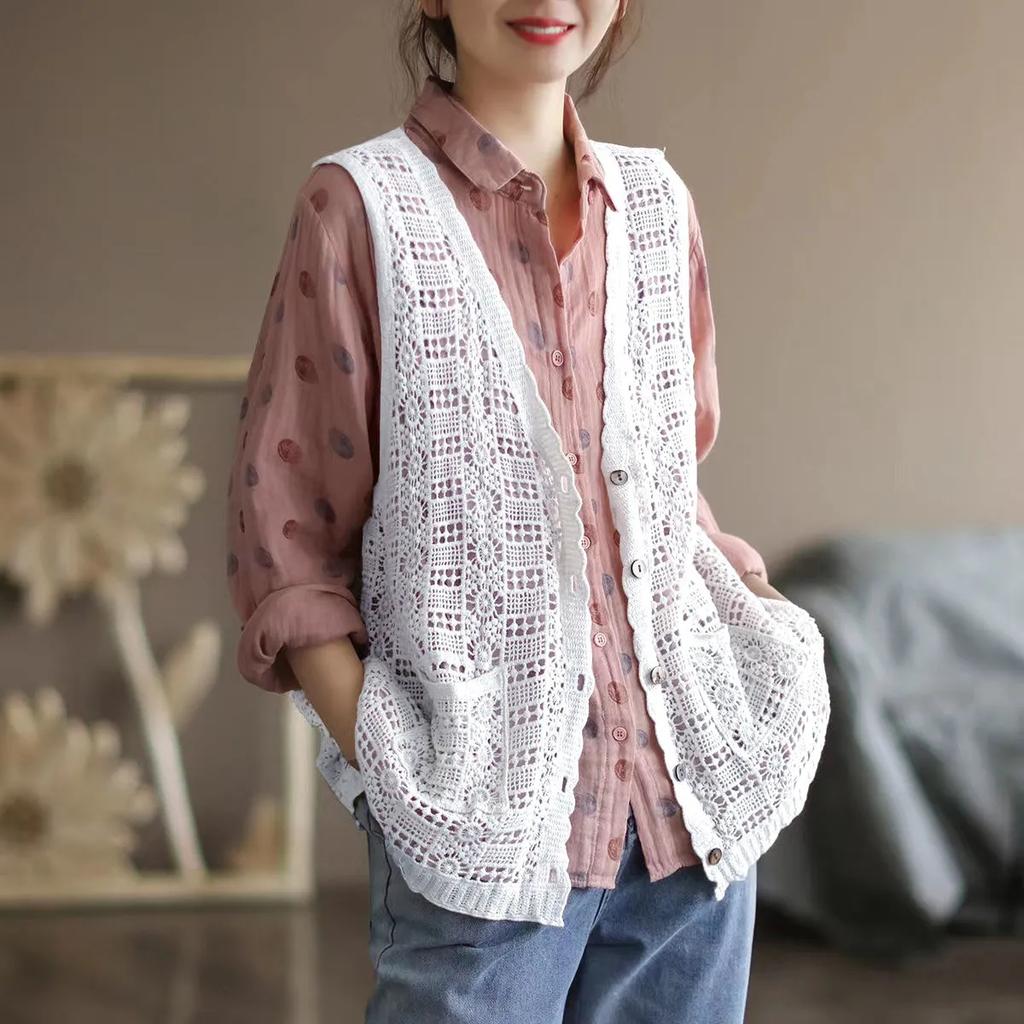 Sommer Spitzennähte Gehäkelte Hohle Baumwolle Einfarbig Ärmellose Strickjacke Übergröße