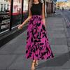 Women Summer Dress Round Neck Short Sleeve Printing Splicing Design Midi Dress Flowy Hem Beach Party Dress