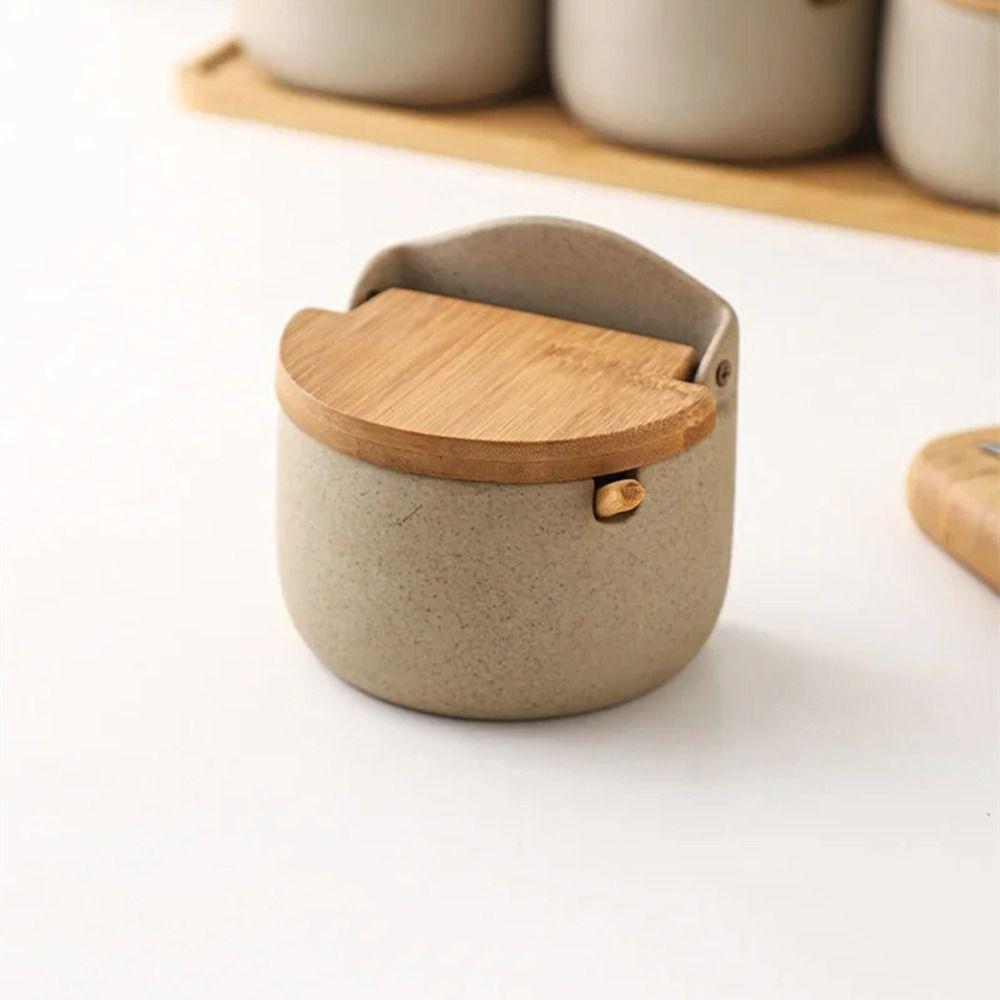 Serving Spoon Ceramic Seasoning Jar Set Bamboo Lid Kitchen Condiment Container  Counter