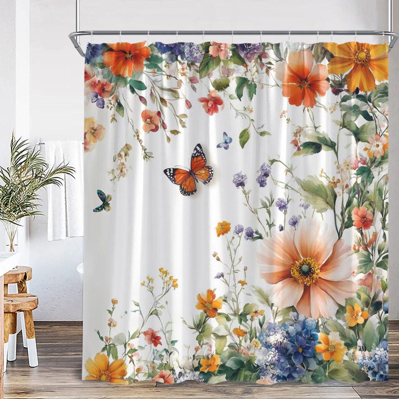 Tende da Doccia Floreali con Farfalle ad Acquerello Giallo Viola Fiore Pianta Verde Farfalla Minimalista Decorazione Bagno Tenda da Bagno