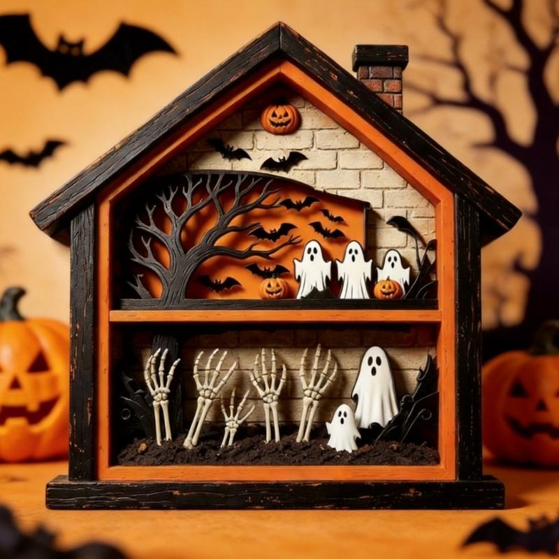 Geisterhafte Tischschilder Halloween Tischdekorationen Mehrstöckige Tablett-Dekorationen Holz-Halloween-Haus-Szene Akzent für Regale, Stehendes Indoor-Display-Stück