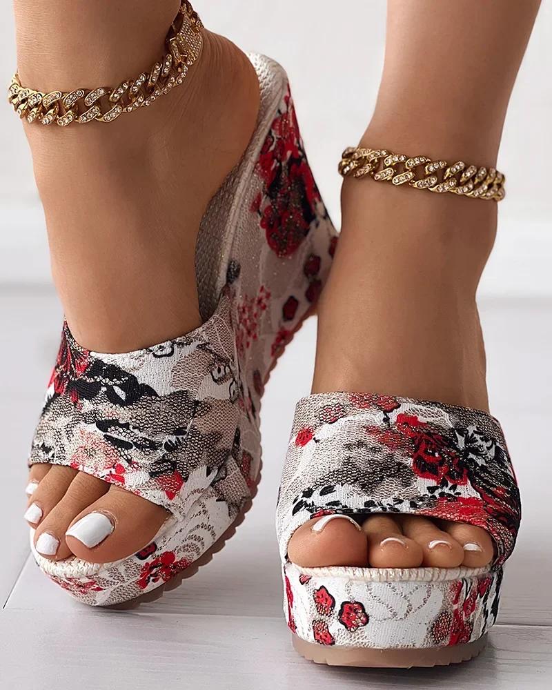 Femmes chaussures chaussures de mode tongs décontractées été Vintage imprimé fleuri Peep Toe pantoufles compensées