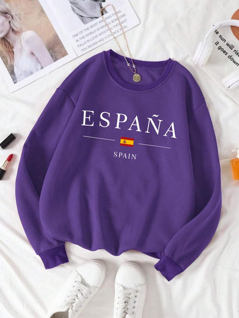 Spain Flag Design Womens Y2K Sweatshirts All-Match Loose Pullover Autumn Fleece Streetwear Casual O-Neck Clothing