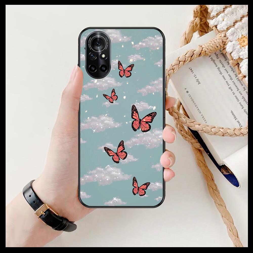 Linda Capa de Telefone Transparente com Padrão de Borboleta Para Huawei Honor 20 10 9 8A 7 5T X Pro Lite 5G Etui Preto Coque Hoesjes Comic Fas