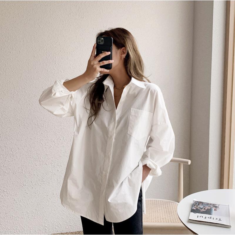 Comfortable and Versatile White Long-sleeved Shirt Female Loose Versatile Design Sense Niche Medium-length Blouse Temperament Elegant Fashion Top