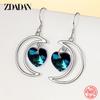925 Sterling Silver Moon Heart Blue Crystal Drop Earrings for Women Wedding Jewelry