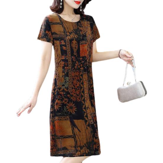 Summer Lady Dress Printing Short Sleeves Round Neck Plus Size Loose A-line Pullover Knee Length Retro Dating Shopping Midi Dress