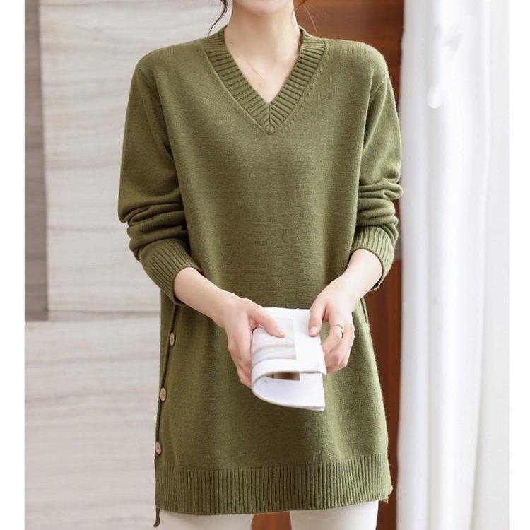 Autunno e Inverno Taglia Forte Scollo a V Maglia Intima a Metà Lunghezza Larga Tinta Unita Maglione Spesso Lavorato a Maglia Trend da Donna