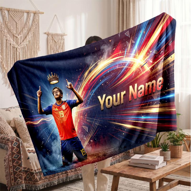Lamine Yamal Personalisierte Fleecedecke Mit Fußball Logo, Benutzerdefinierter Name Text Weich Warm Heimdecke