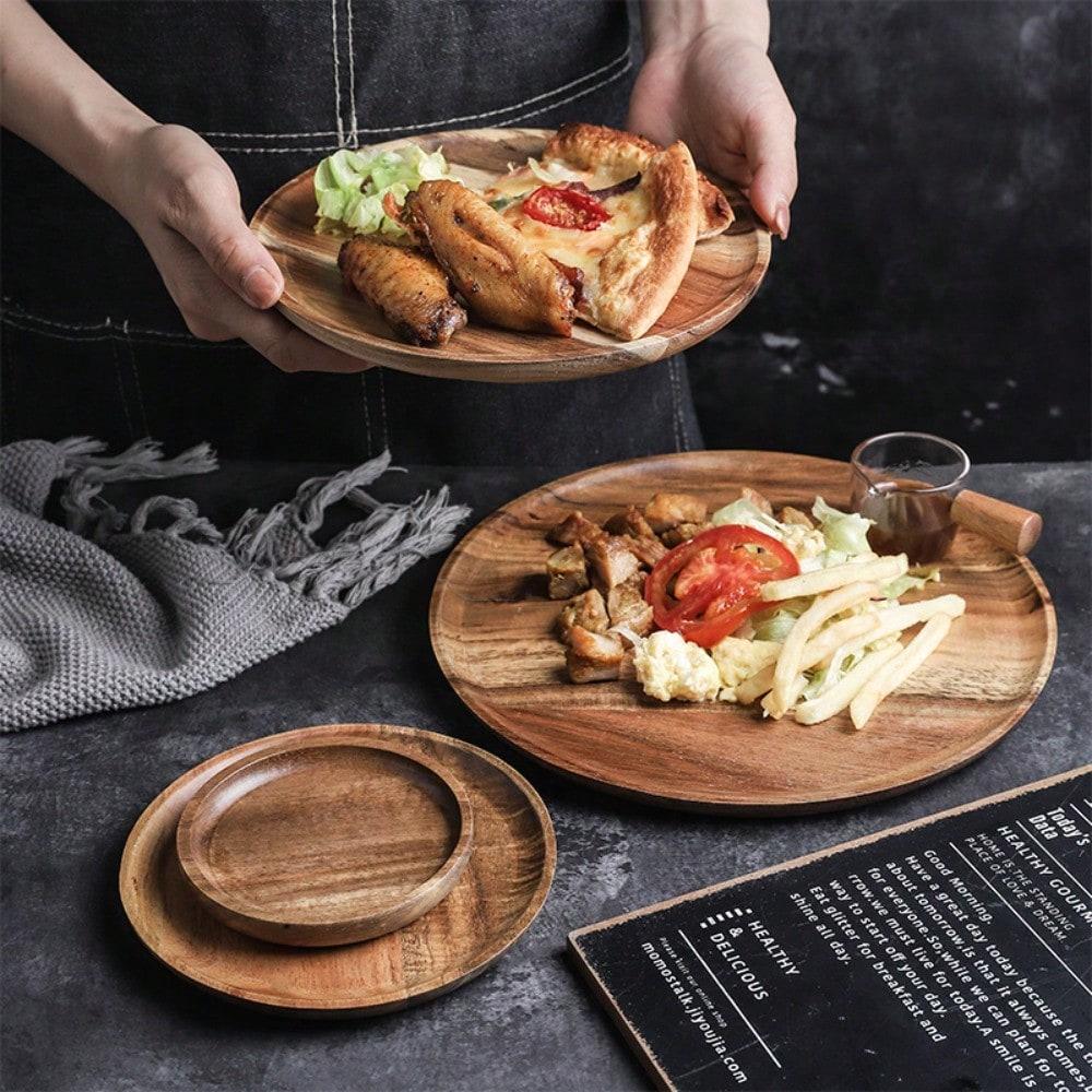 Houten Serveerbord Rond Voedselveilig Schaal voor Fruit Salade Snacks Sushi Dessert Cake Keuken Dinerbord Brood Steak Pizza Dienblad