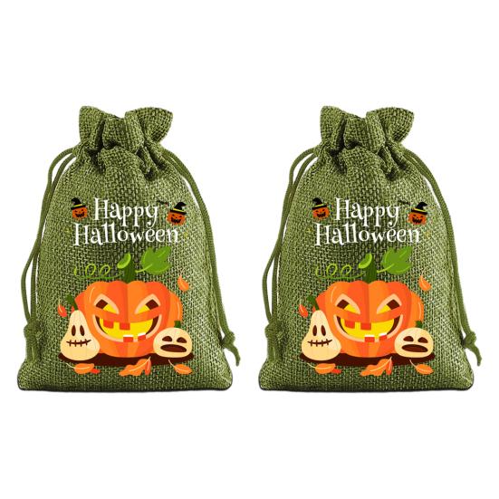 Halloween Party Supplies 2Pcs Pumpkin Drawstring Bags for Candy Treats, Retro Burlap Handmade Style Trick or Treat Bags, Portable Goodie Kids