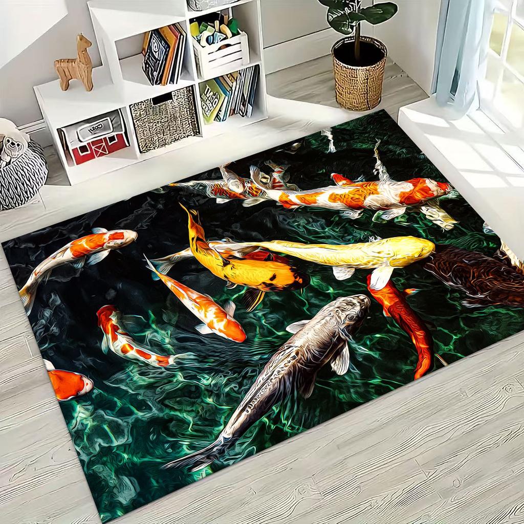 Tapis de luxe Carpe Koï Porte-bonheur Yin Yang Dessin Animé pour Chambre Salon Canapé Décoration Paillasson Maison, Grand Tapis de Sol Antidérapant pour Enfants