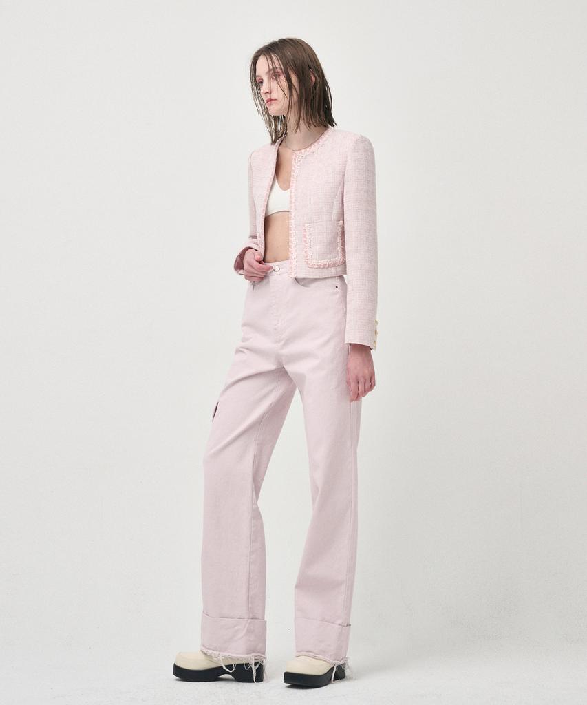 ETMON Pocket Denim Turn Up Pants, Pink