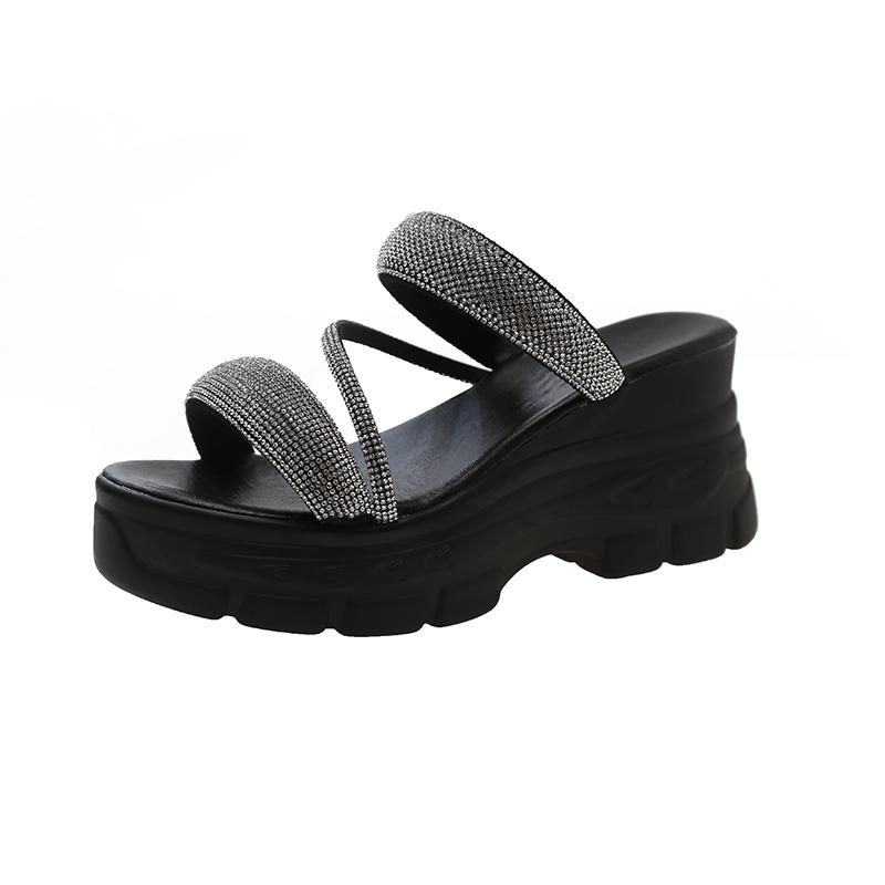 Women's Slippers Summer New Thick Bottom Round Head Open Toe Diamond Sandals Casual Fashion Non-slip Slippers
