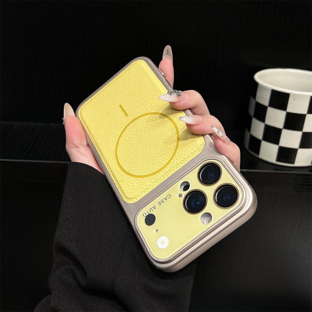 Lychee Pattern Magnetic Snap iPhone16/17Pro Case with Large Lens Protector