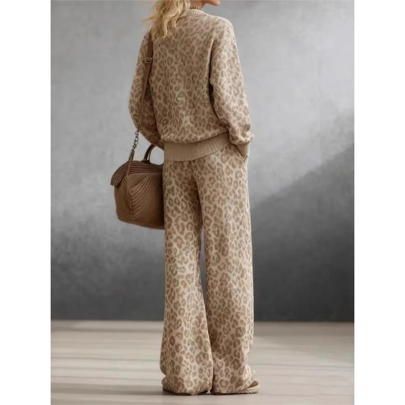 Autumn Winter Fashionable Light Brown Leopard Print Suit Long-sleeved Sweatshirt with Trousers Casual Commuting Women's Set