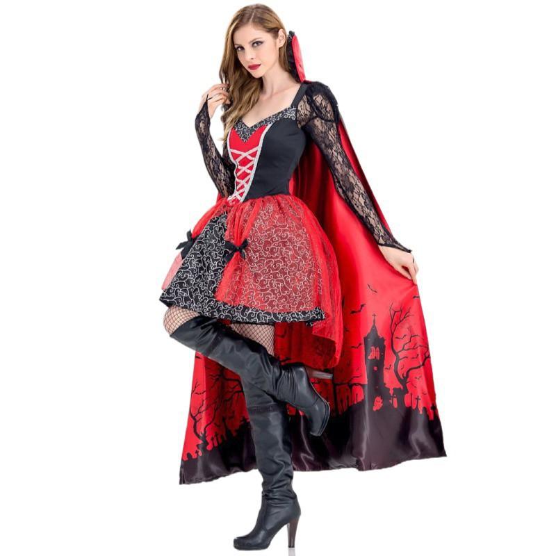 Dámský kostým čarodějnice na Halloween Cosplay Party Outfit Upír Zombie Čertovská královna Šaty s pláštěm