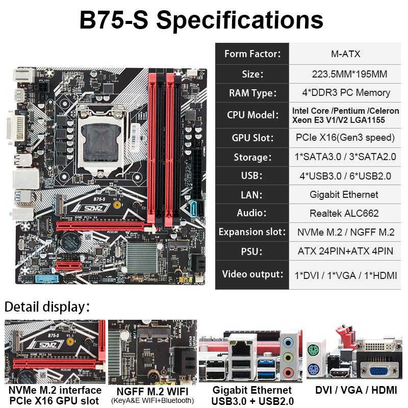 SZMZ B75 Gaming PC Motherboard Support Intel Core I5 I7 I9 Xeon E3 V1 V2 LGA1155 CPU 4*DDR3 USB3.0 SATA3.0 NVME M.2 Placa Mae