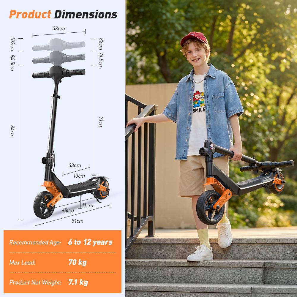K6 Kids Electric Scooter 150W 2.6Ah 6.5'' Solid Tires Bluetooth Speaker LED Lights Foldable & Height Adjustable 16KM/H Max Speed 7-9KM Range for Kids