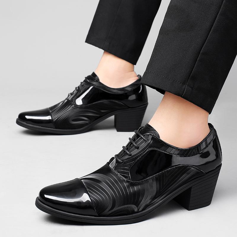 New Fashion Black White Men's Dress Shoes Pointed Leather High Heel Shoes Men Height Increasing Wedding Shoes Men Zapatos Hombre