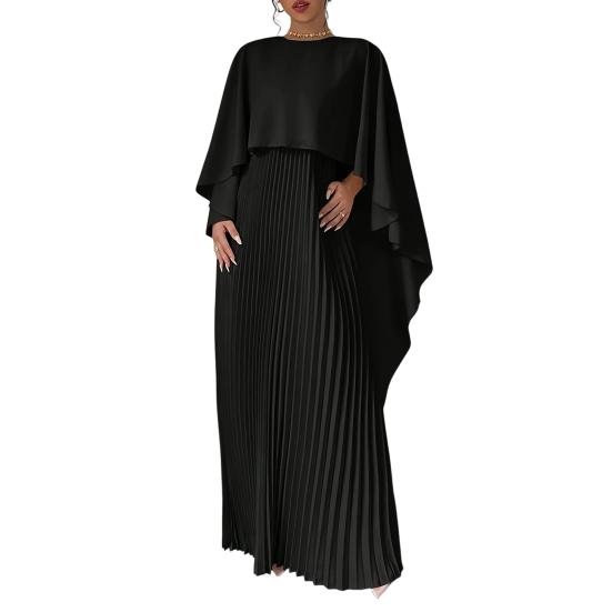 Women's Pleated Flowy Maxi Dress Split Cape Sleeve Formal Wedding Guest Dress Cocktail Evening Party Long Dress