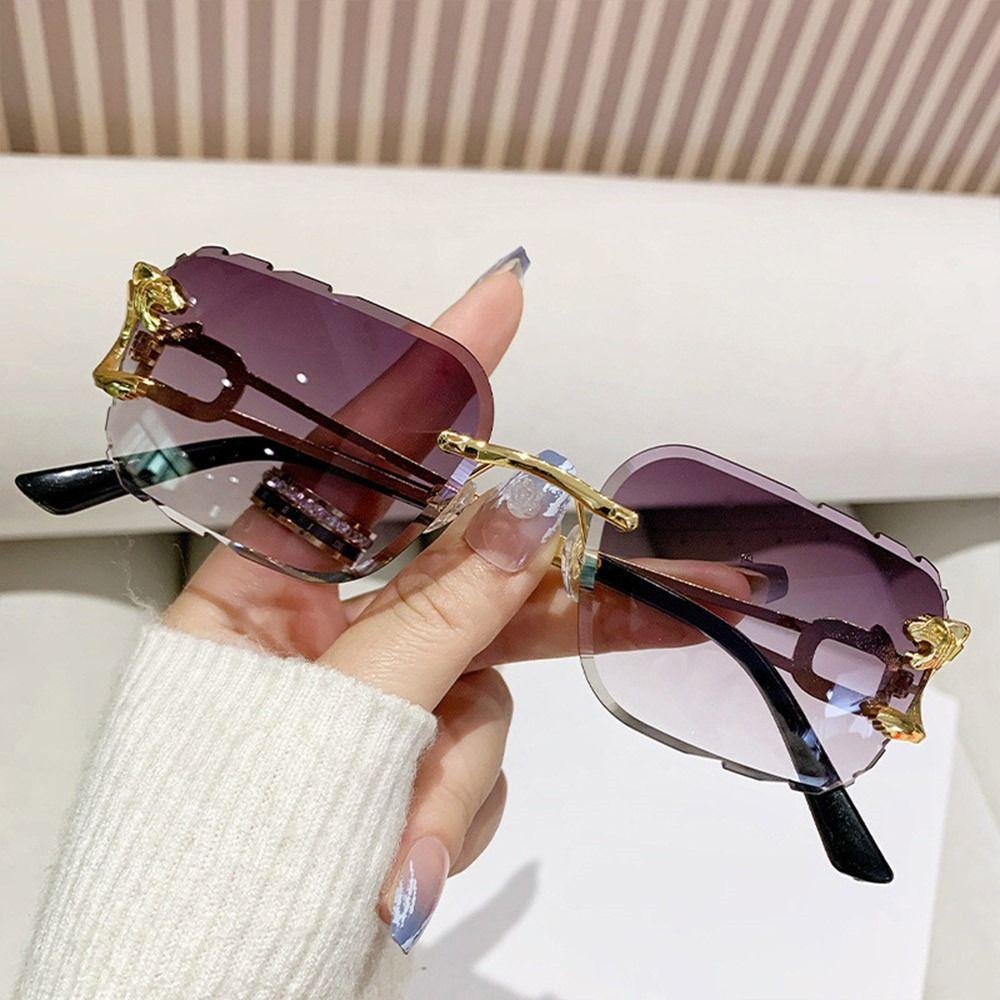 Unique Rimless Cut Edge Sunglasses UV400 Protection Metal Temples Retro Rectangle Shades for Daily Party Holiday Outdoor