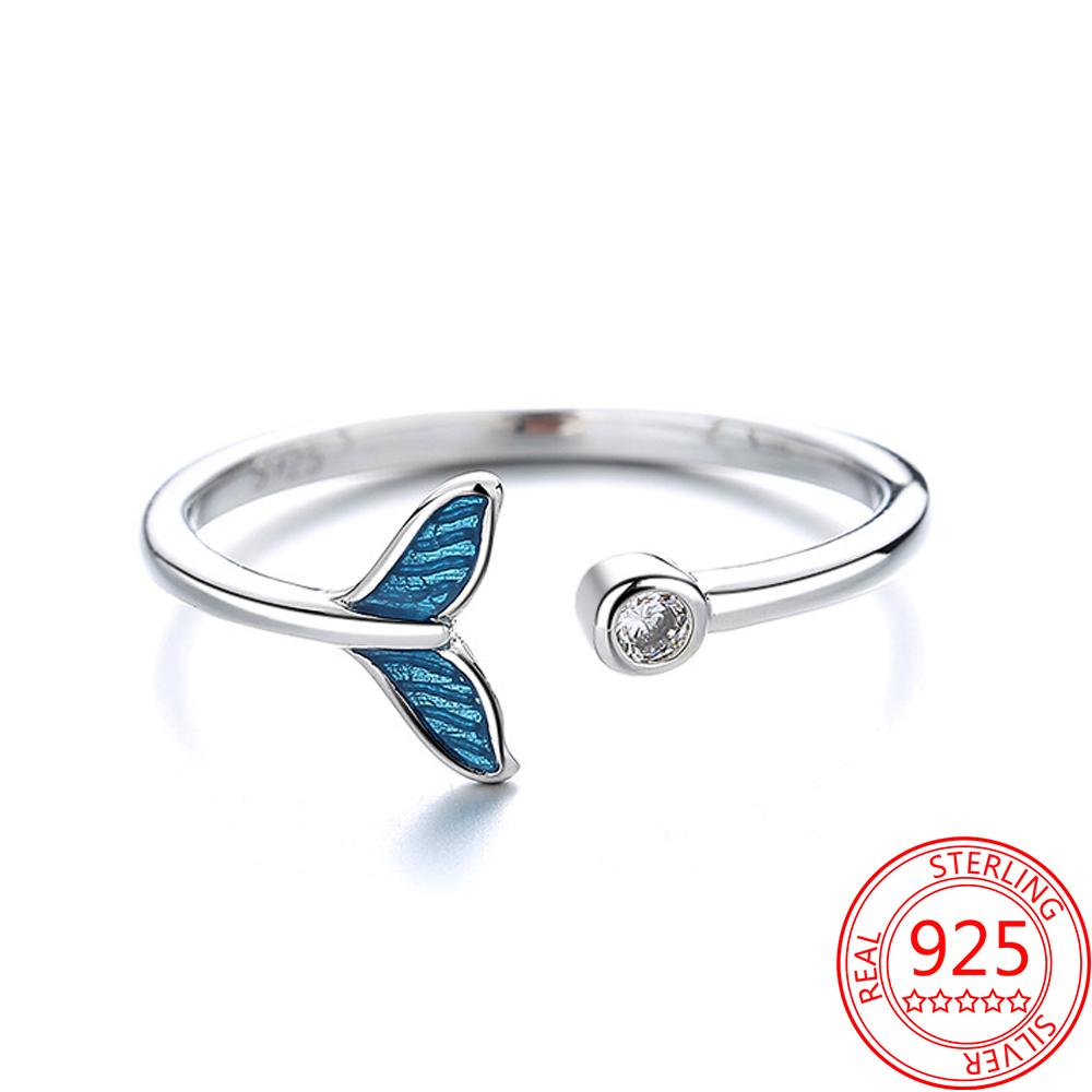 Gorgeous 925 Sterling Silver Enamel Light Blue Fishtail Ring with Diamond Ring Trendy Girl Birthday Gift