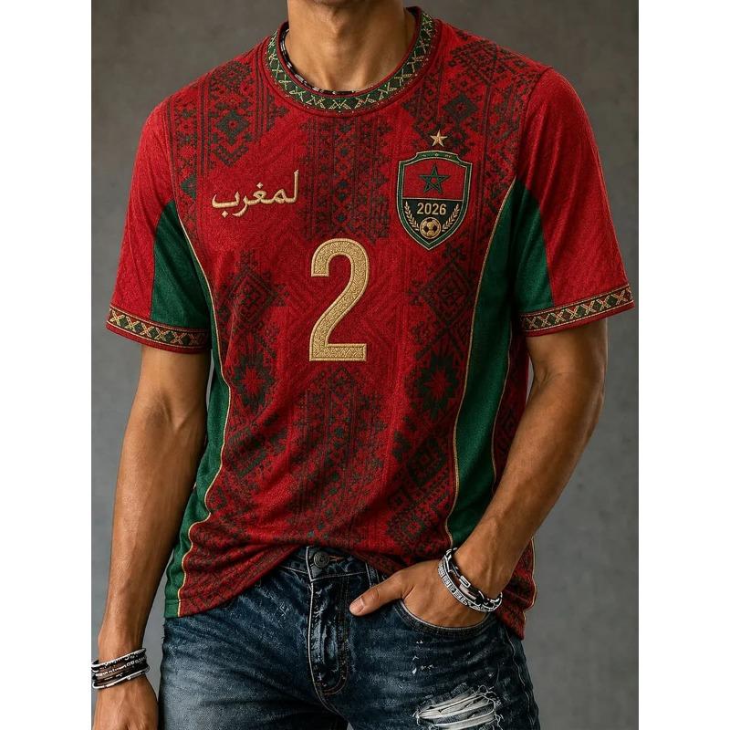 2026 Marokko Fußballfans T-Shirt Rot Buchstabendruck Kurzarm-T-Shirt Team Fußball-Unterstützer Lässig Sporttrikot Oberteil