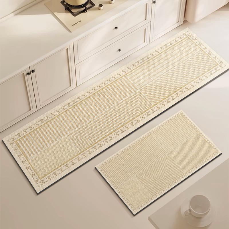 Kitchen Floor Mat Anti-slip Oil-proof Erasable Carpet Leather PVC Waterproof Rug Beige Line Texture Home Decoration Mats