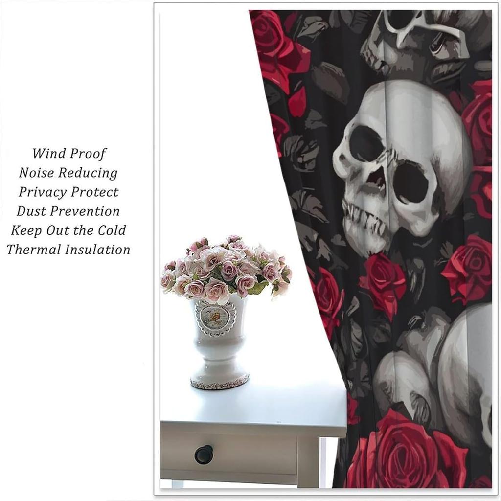 Skull Curtains Rose Flowers Vintage Wildflowers Halloween Theme Scary Curtain with Rod Pocket for Bedroom Living Room Home