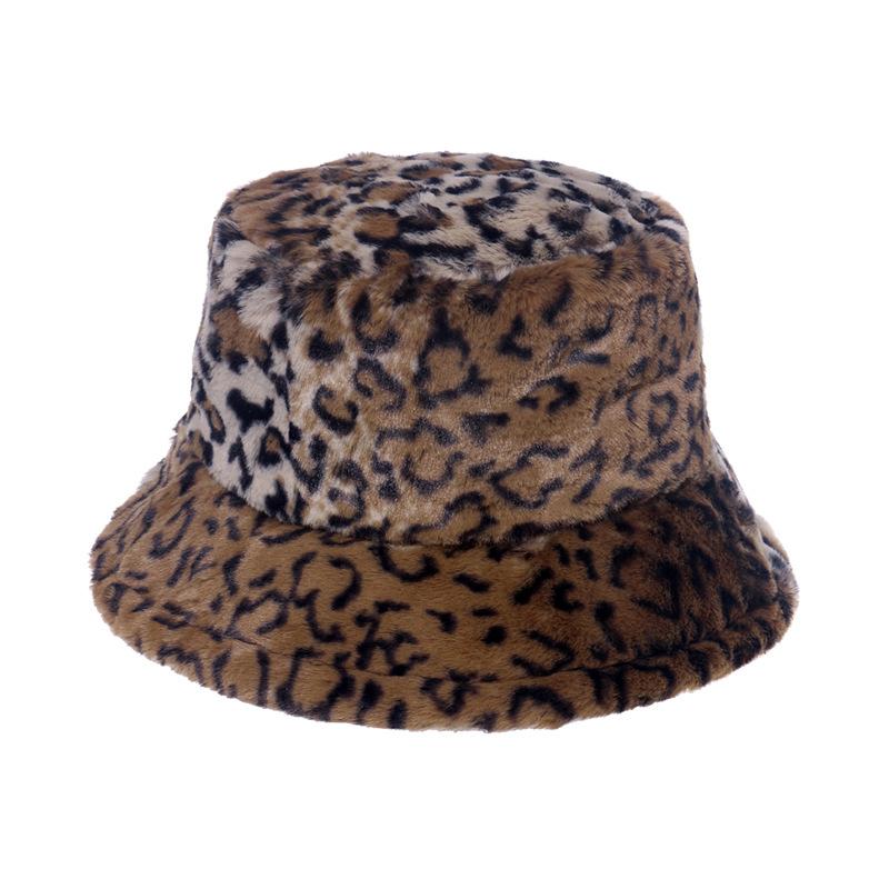 2025 Autumn and Winter Bucket Hat Foreign Trade Imitation Rabbit Fluffy Hat Trend Shows Small Face Color Leopard Print Warm Basin Hat Female