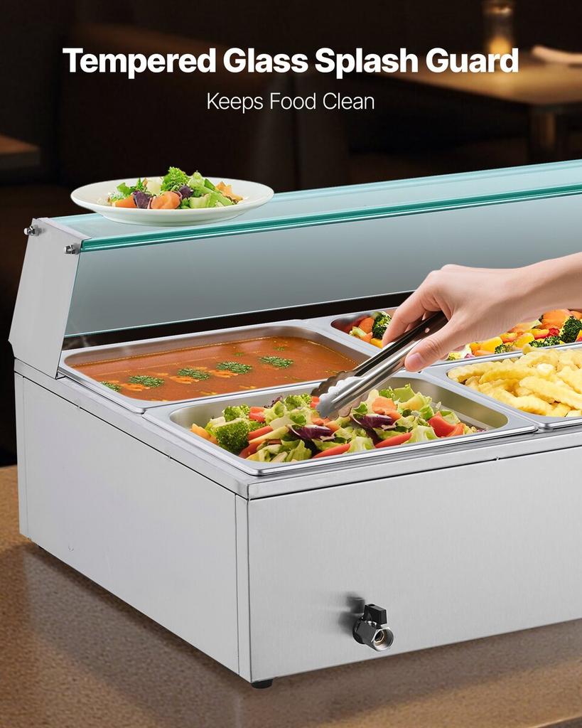 Commercial Food Warmer, 1500W Electric Stainless Steel Steam Food Warmer with Glass Cover, 6 X 1/2 Size Pans Buffet Bain Marie with Soup & Perforated