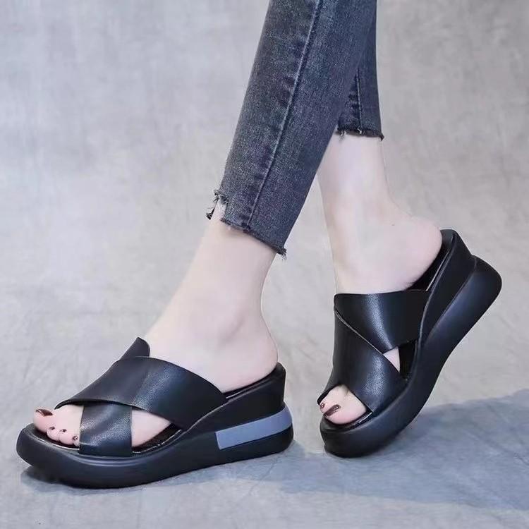 Fashion Round Head Wedge Slippers Women's Thick Sole Summer Fish Mouth High Heels Soft Leather Sandals