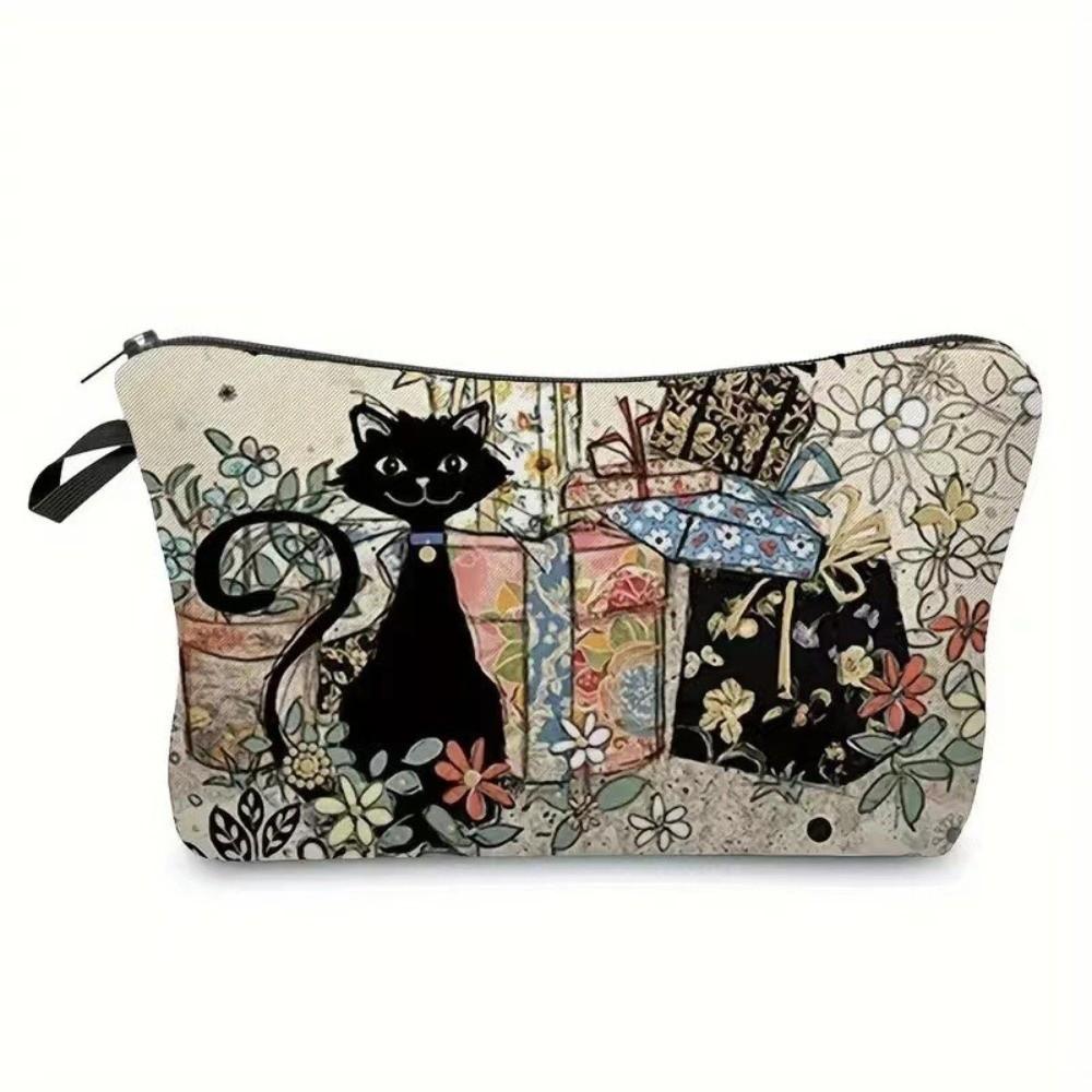 Cute Black Cat Print Cosmetic Bag Large Capacity Polyester Makeup Organizer Portable with Zipper Tarvel Storage Bag