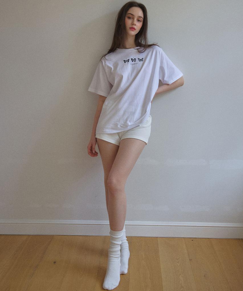 LETTER FROM MOON Triple Butterfly Embroidery Oversized Short Sleeve T-Shirt (White)