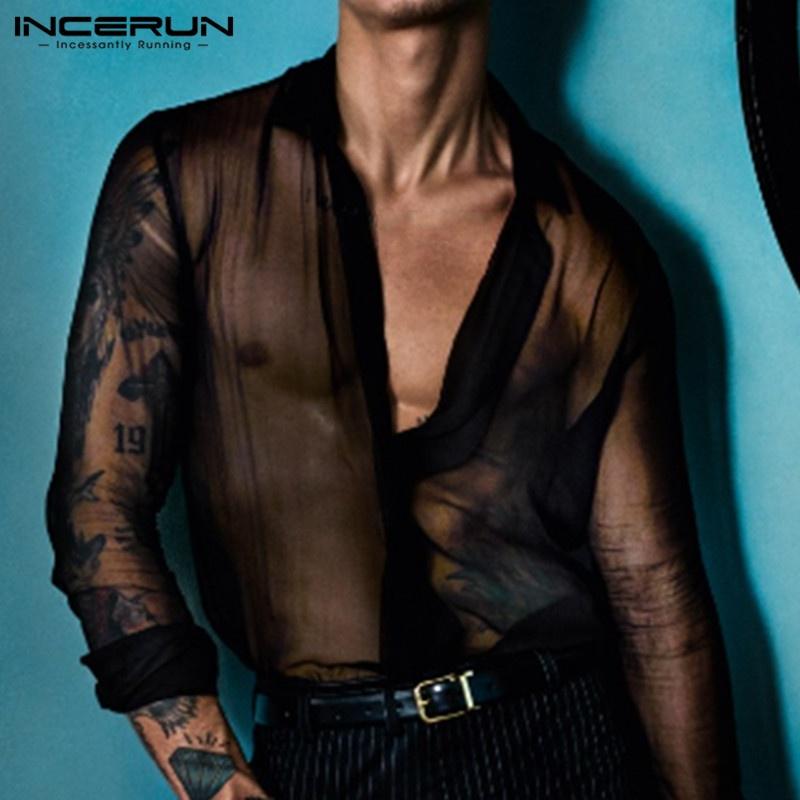 INCERUN Summer Men Long Sleeve Shirt Thin Button Clubwear Party Black Tops