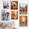 Lover Couple with Umbrella Walking On The Street Eiffel Tower Canvas Oil Painting Poster Autumn Landscape Wall Art Home Decor